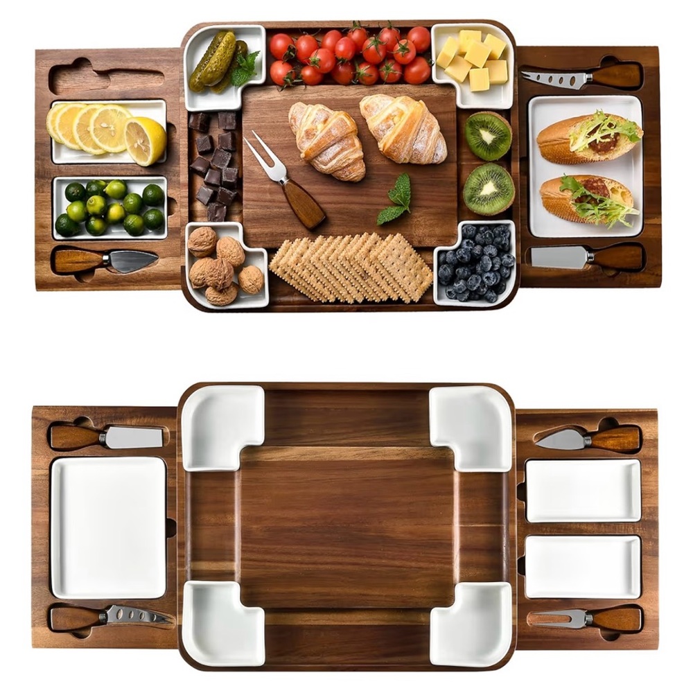 Shanik Acacia Wood Cheese Board Set with White Ceramic Bowls